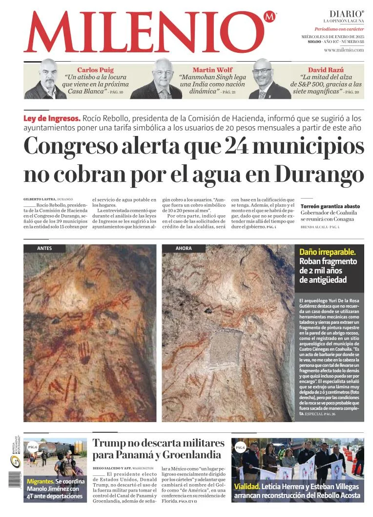 Portada de Milenio Laguna del miércoles, 8 de enero de 2025