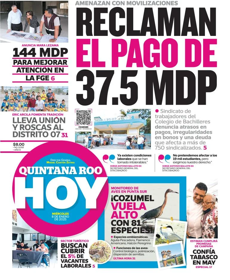 Portada de Quintana Roo Hoy del miércoles, 8 de enero de 2025