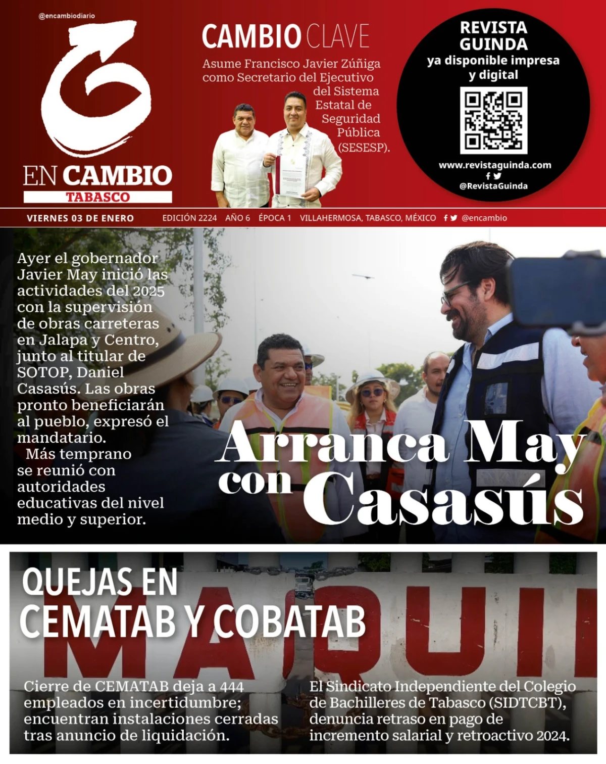 Portada de En Cambio (tabasco) del viernes, 3 de enero de 2025