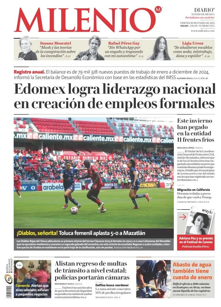 Portada de Milenio Edo de México del viernes, 10 de enero de 2025