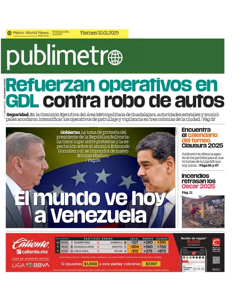 Portada de Publimetro Guadalajara del viernes, 10 de enero de 2025