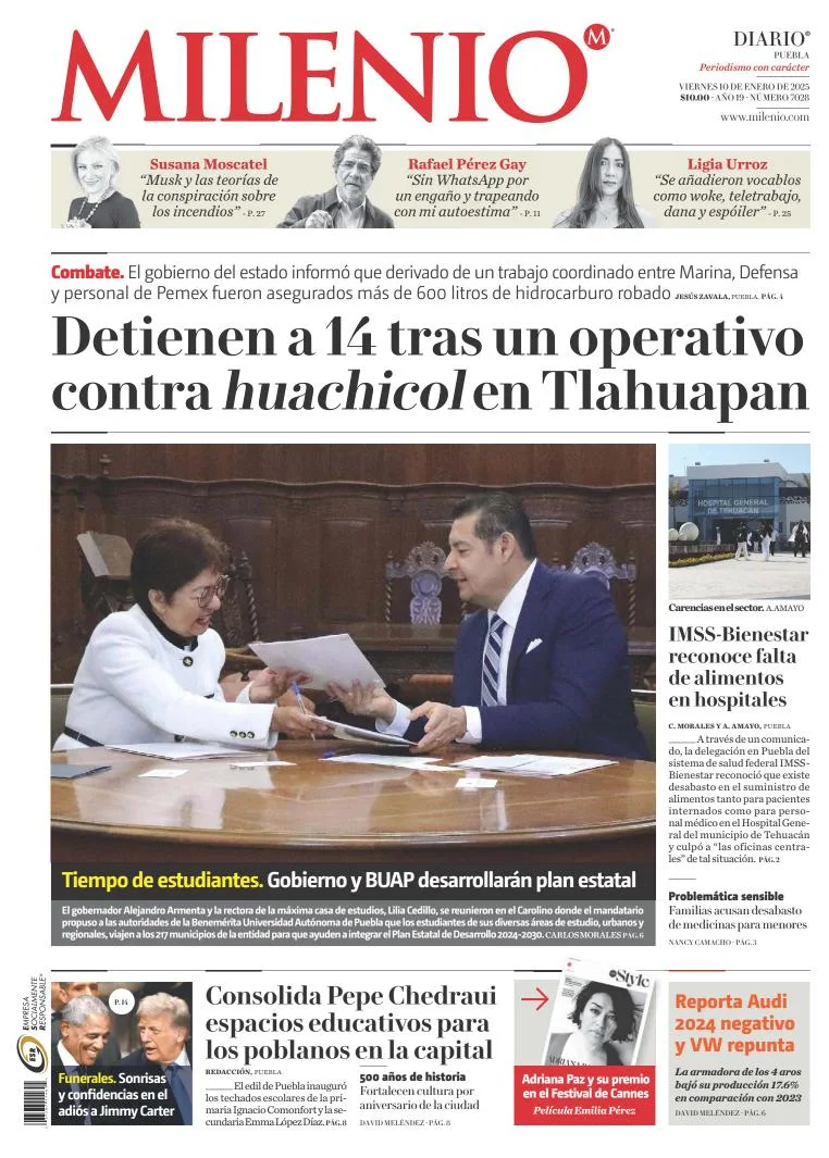 Portada de Milenio Puebla del viernes, 10 de enero de 2025