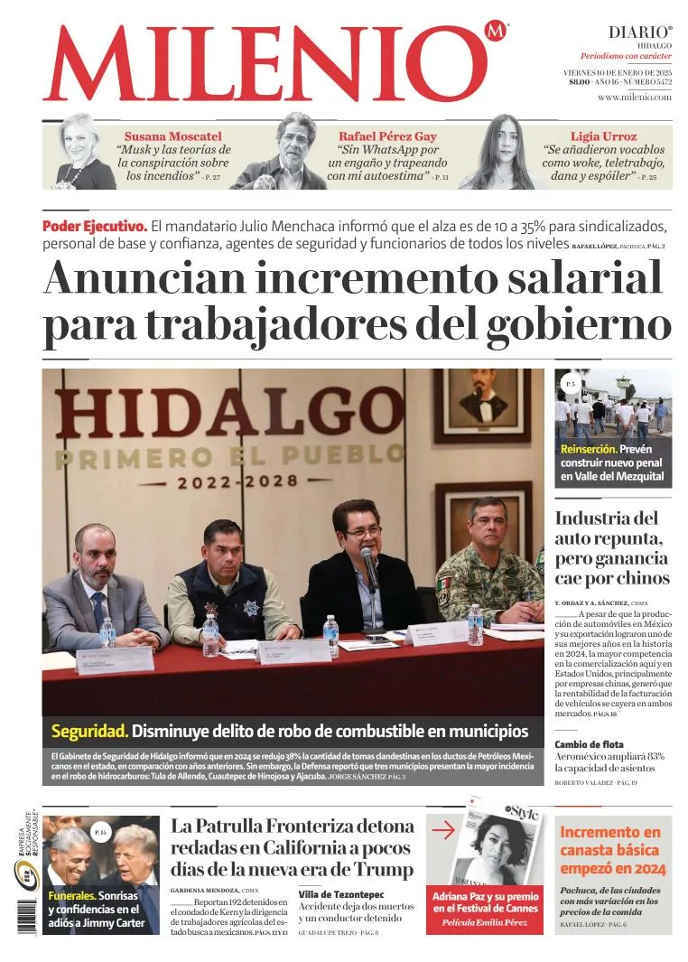Portada de Milenio Hidalgo del viernes, 10 de enero de 2025