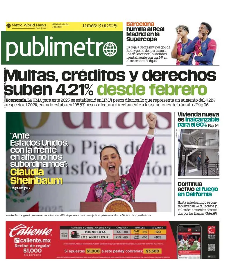 Portada de Publimetro Guadalajara del lunes, 13 de enero de 2025