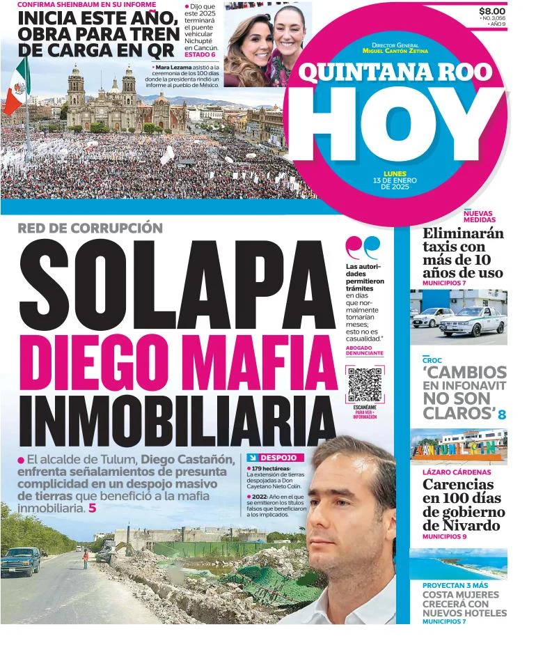 Portada de Quintana Roo Hoy del lunes, 13 de enero de 2025