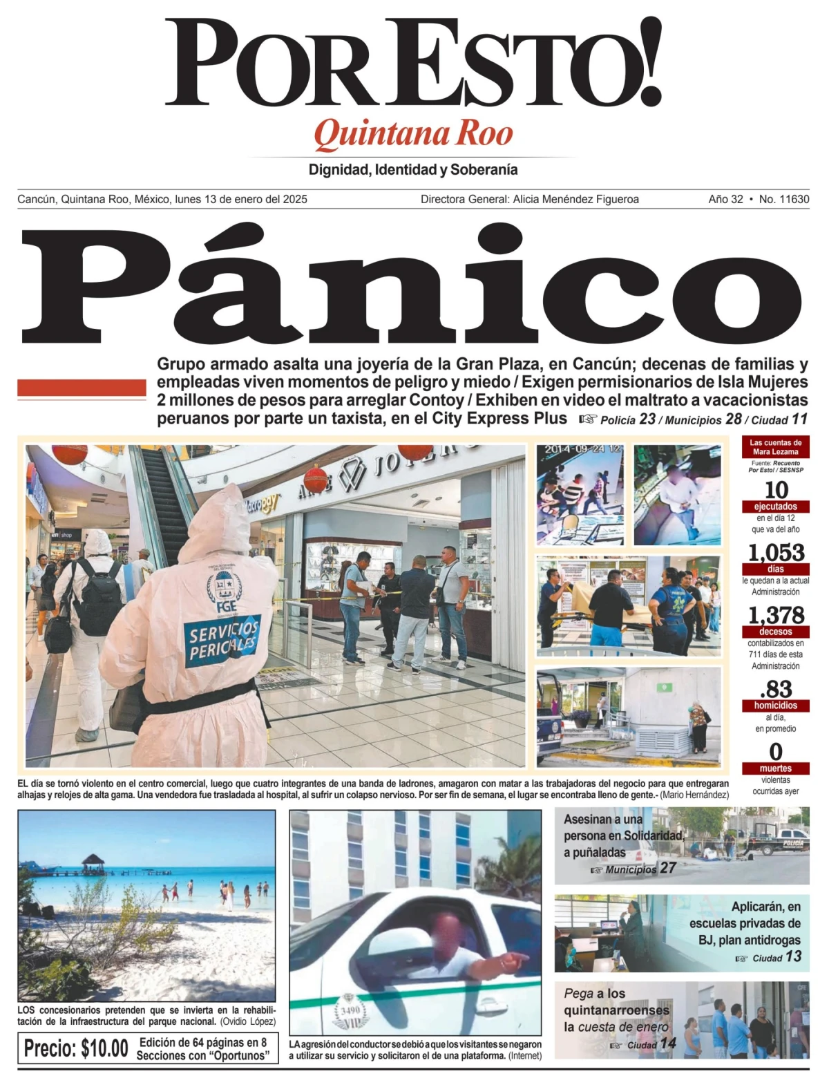Portada de Por Esto (quintana Roo Cancun) del lunes, 13 de enero de 2025