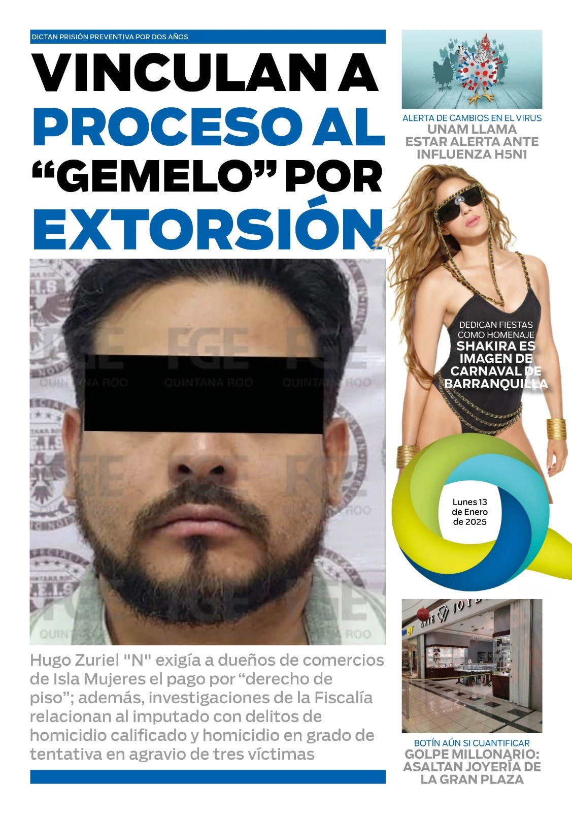 Portada de El Quintana Roo (contraportada) del lunes, 13 de enero de 2025