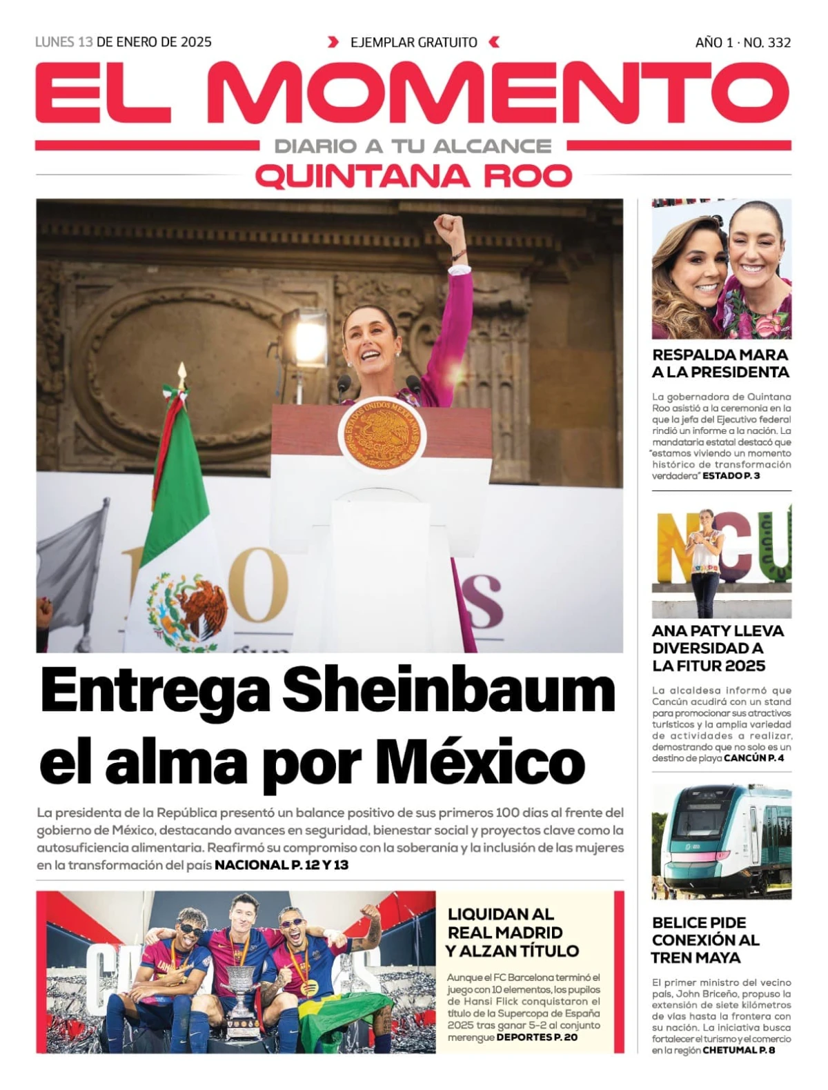 Portada de El Momento Quintana Roo del lunes, 13 de enero de 2025