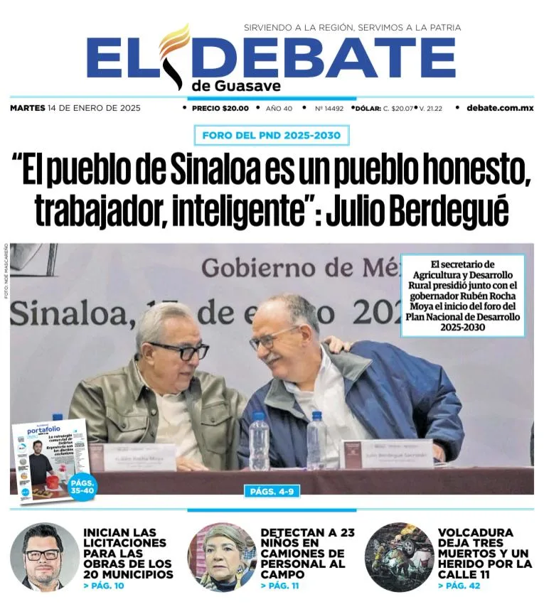Portada de El Debate de Guasave del martes, 14 de enero de 2025