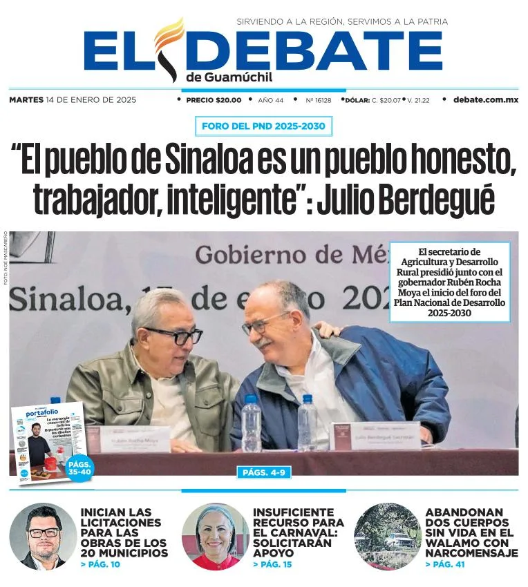Portada de El Debate de Guamúchil del martes, 14 de enero de 2025