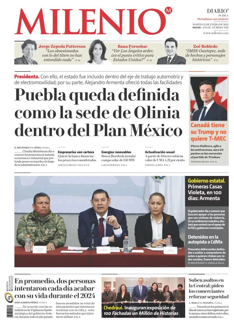 Portada de Milenio Puebla del martes, 14 de enero de 2025