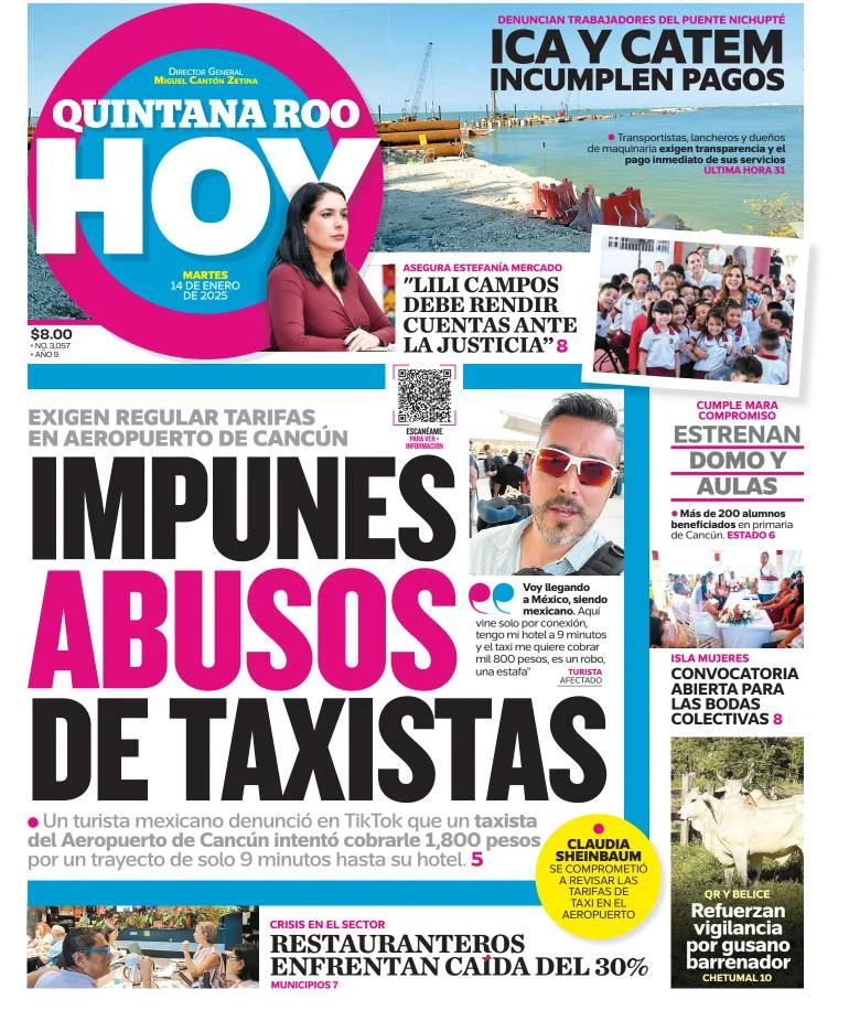 Portada de Quintana Roo Hoy del martes, 14 de enero de 2025