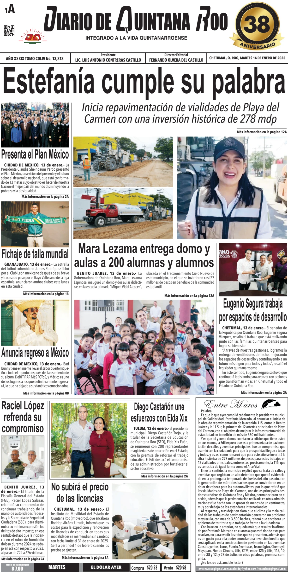Portada de Diario de Quintana Roo (portada) del martes, 14 de enero de 2025