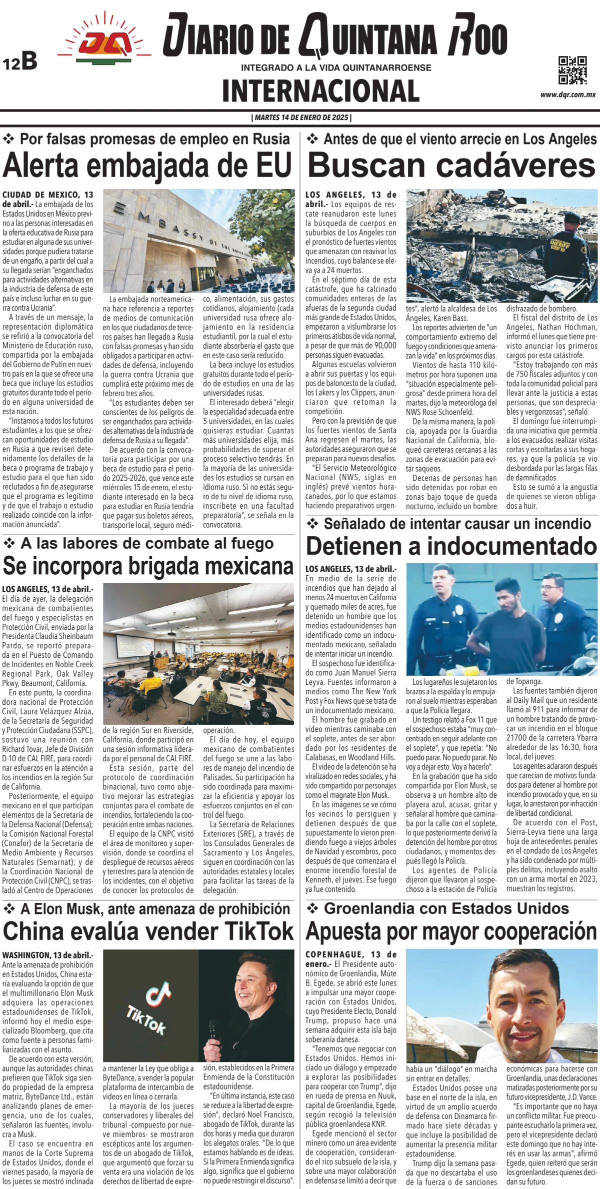 Portada de Diario de Quintana Roo (contra Portada) del martes, 14 de enero de 2025