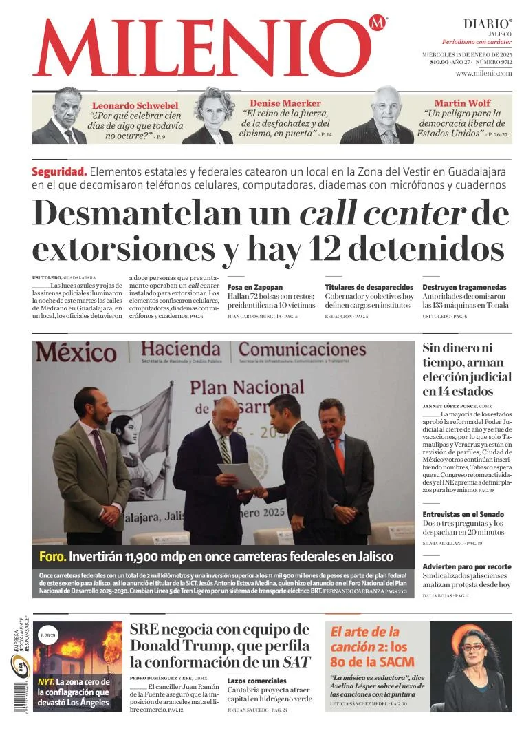 Portada de Milenio Jalisco del miércoles, 15 de enero de 2025