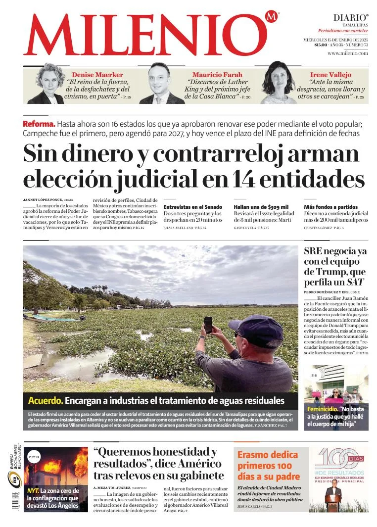 Portada de Milenio Tamaulipas del miércoles, 15 de enero de 2025
