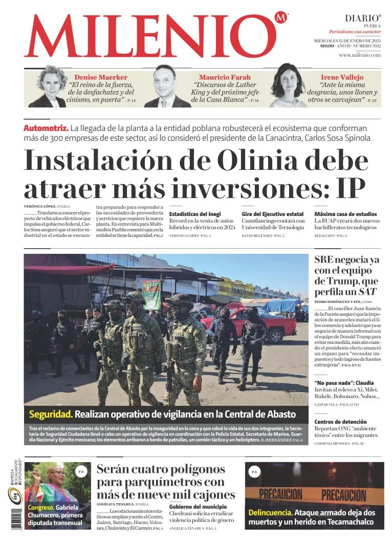 Portada de Milenio Puebla del miércoles, 15 de enero de 2025