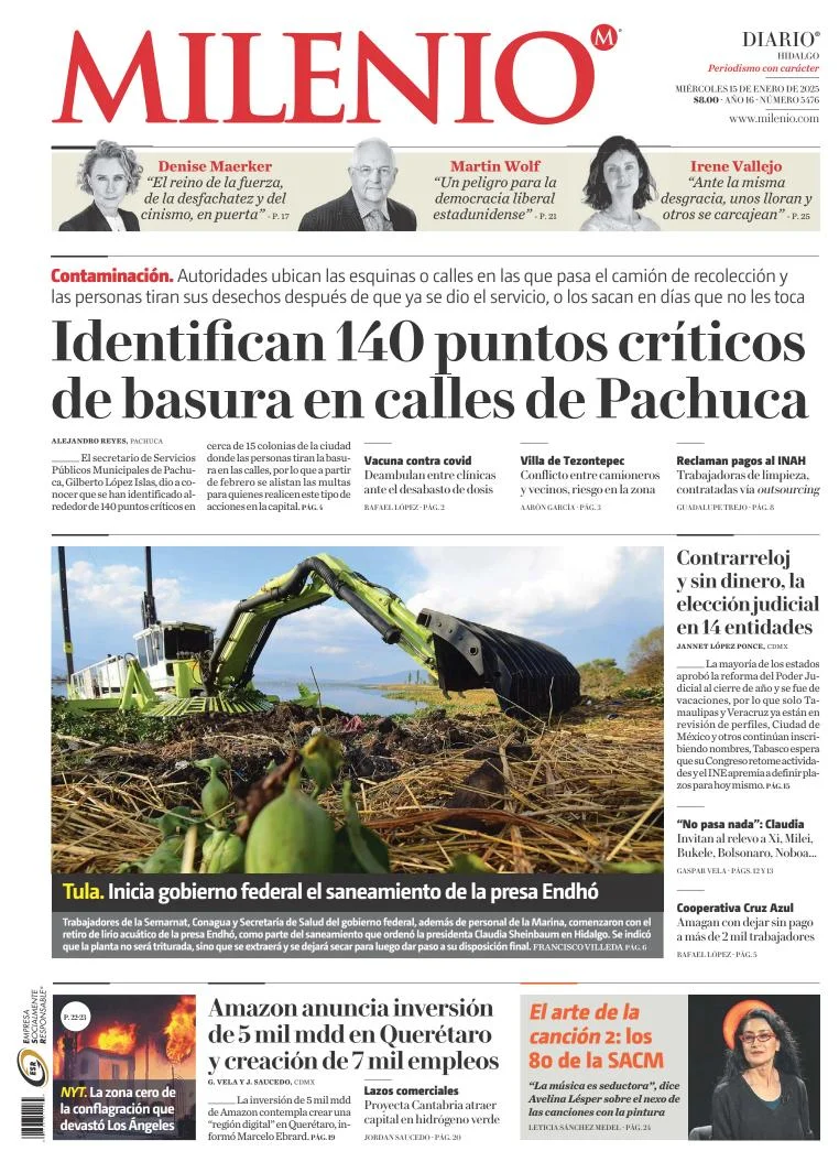 Portada de Milenio Hidalgo del miércoles, 15 de enero de 2025