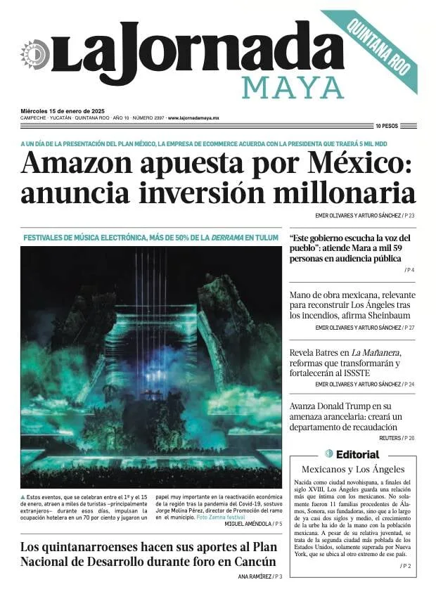 Portada de La Jornada Maya Quintana Roo del miércoles, 15 de enero de 2025