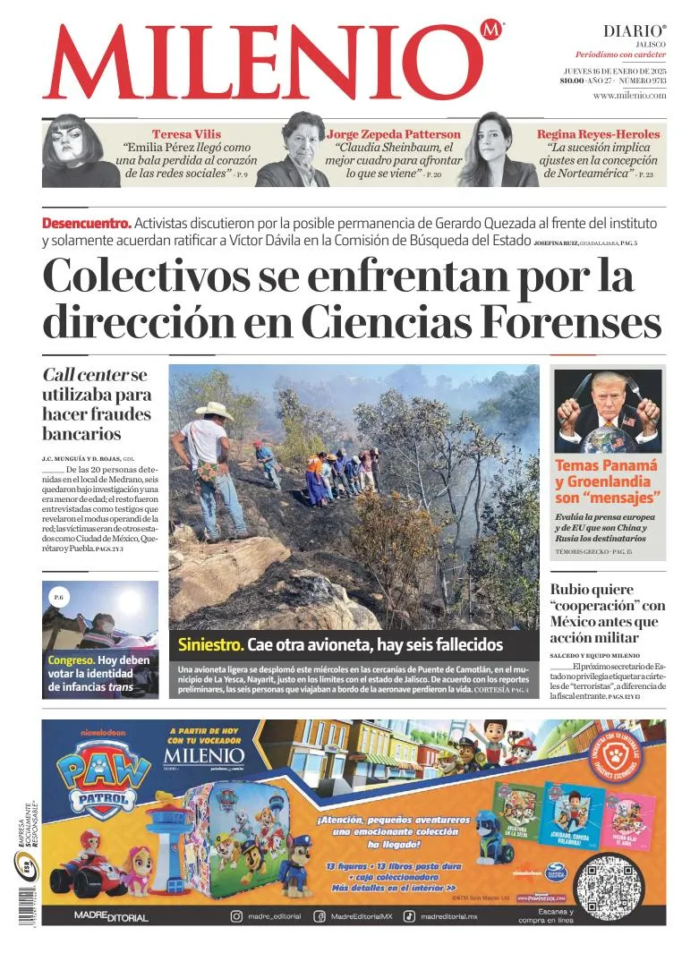 Portada de Milenio Jalisco del jueves, 16 de enero de 2025