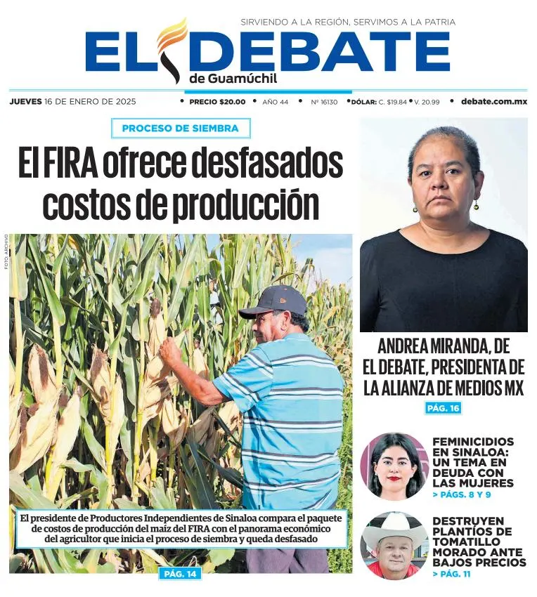 Portada de El Debate de Guamúchil del jueves, 16 de enero de 2025
