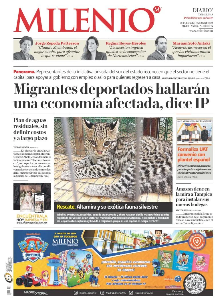 Portada de Milenio Tamaulipas del jueves, 16 de enero de 2025