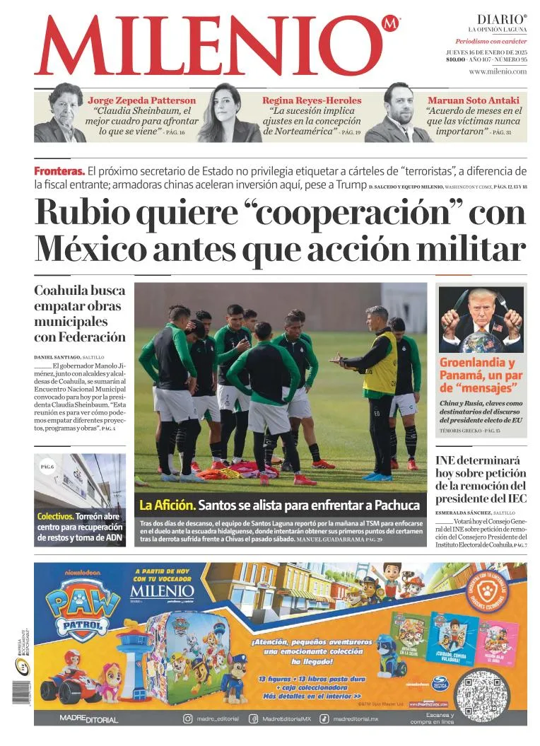 Portada de Milenio Laguna del jueves, 16 de enero de 2025