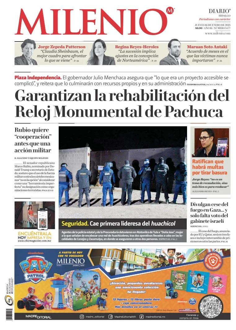 Portada de Milenio Hidalgo del jueves, 16 de enero de 2025