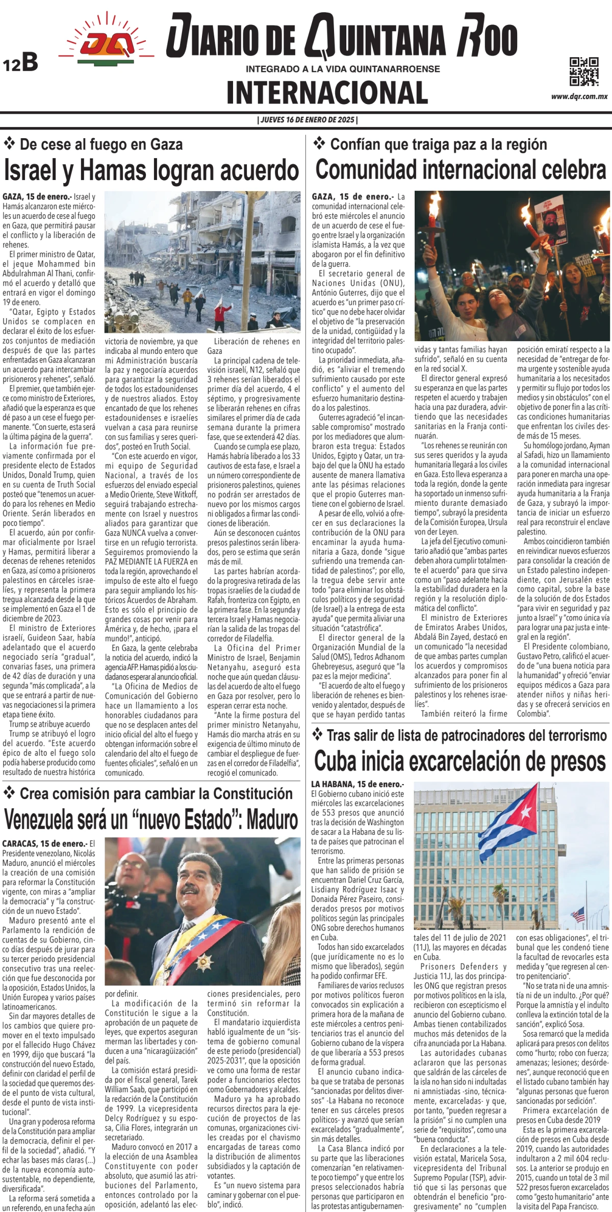 Portada de Diario de Quintana Roo (contra Portada) del jueves, 16 de enero de 2025