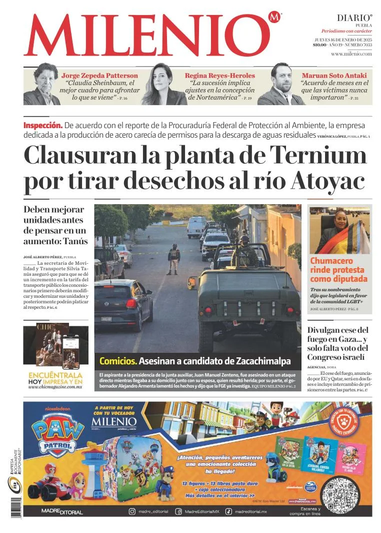 Portada de Milenio Puebla del jueves, 16 de enero de 2025