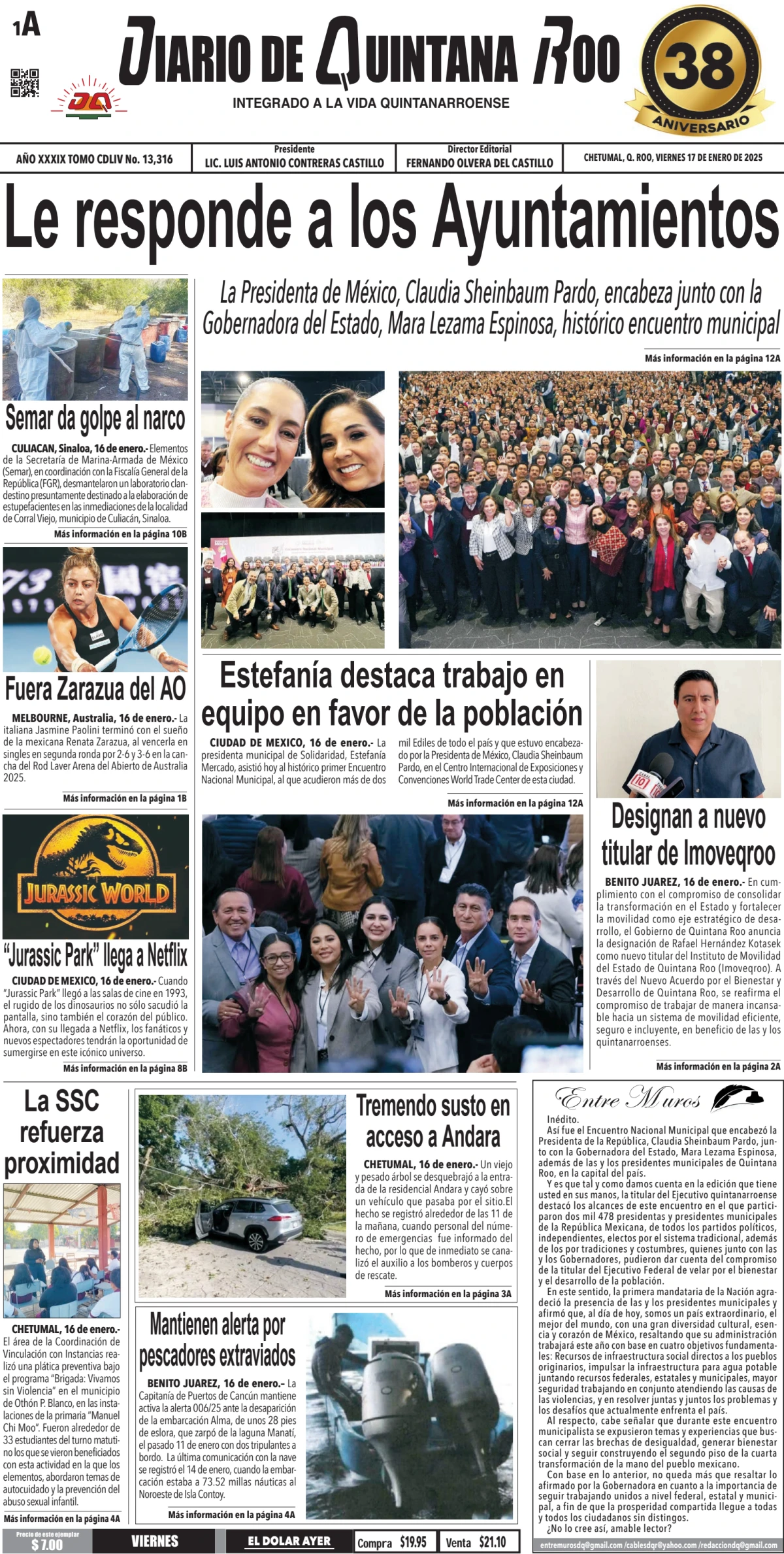Portada de Diario de Quintana Roo (portada) del viernes, 17 de enero de 2025