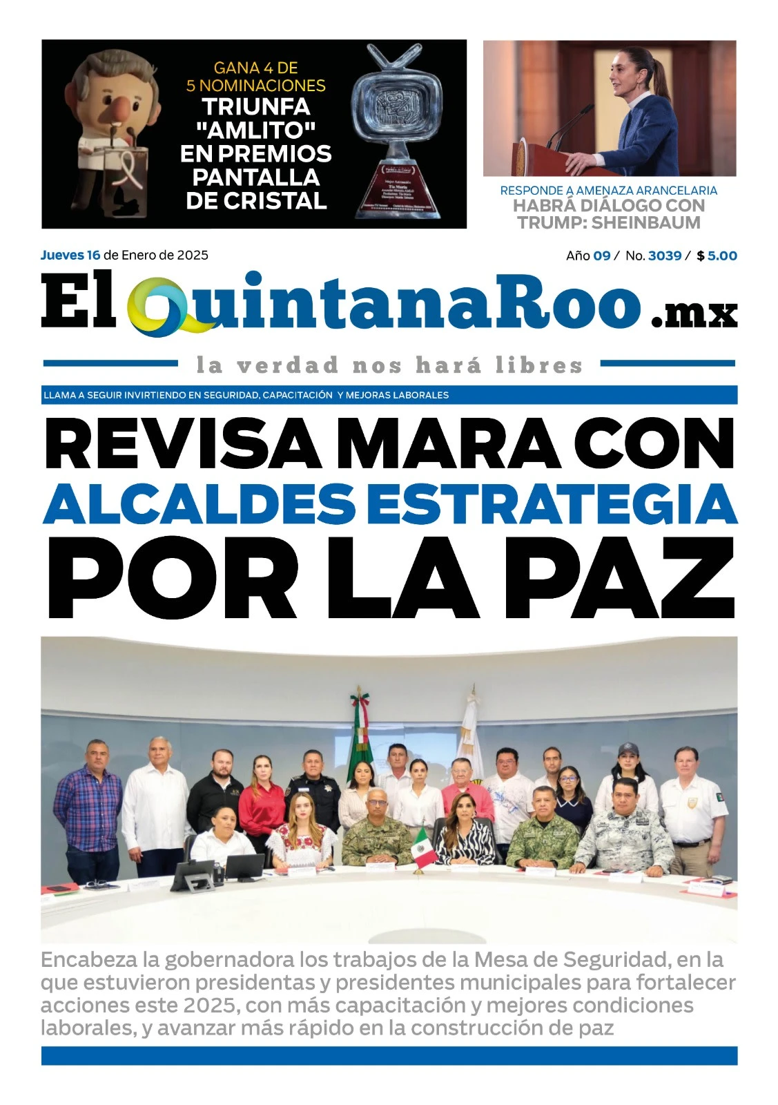 Portada de El Quintana Roo (portada) del jueves, 16 de enero de 2025