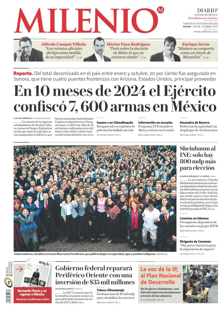 Portada de Milenio Edo de México del viernes, 17 de enero de 2025