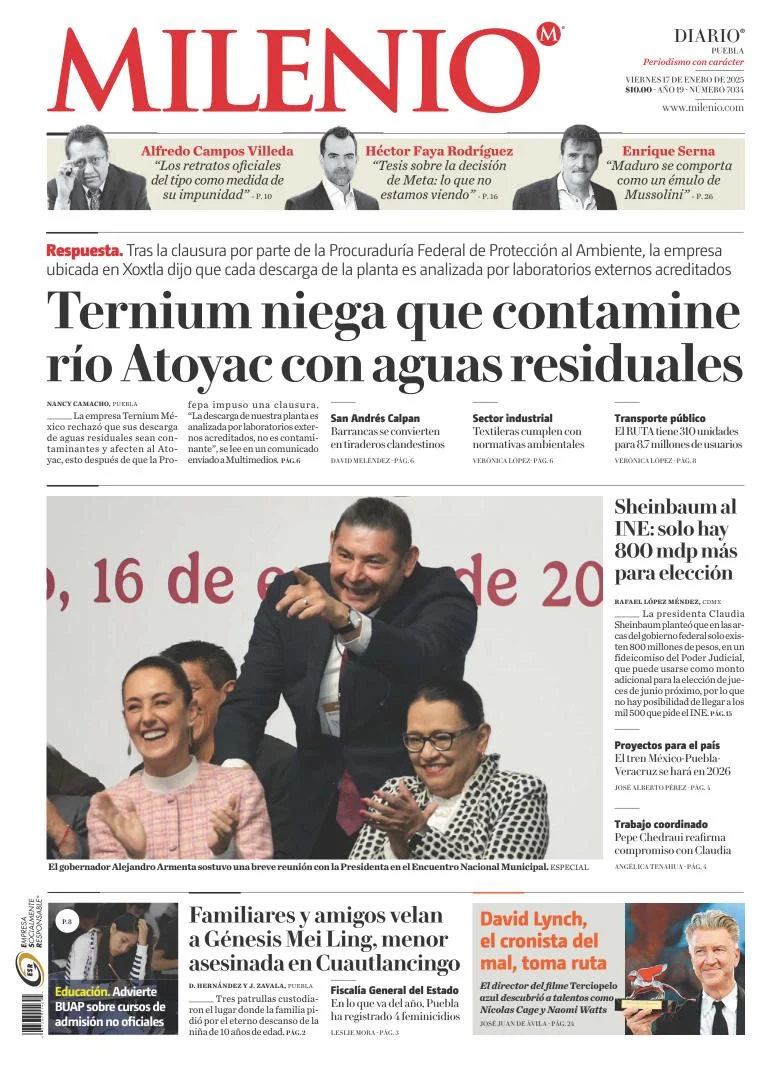 Portada de Milenio Puebla del viernes, 17 de enero de 2025