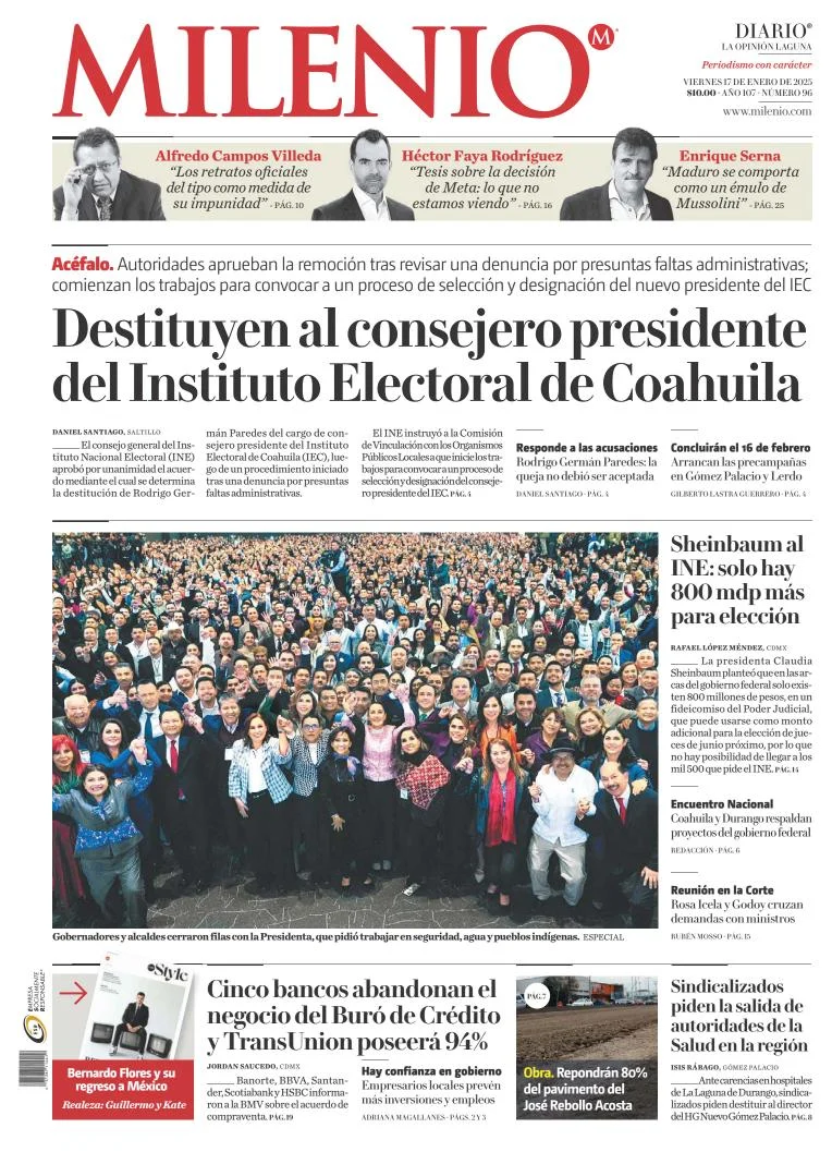 Portada de Milenio Laguna del viernes, 17 de enero de 2025