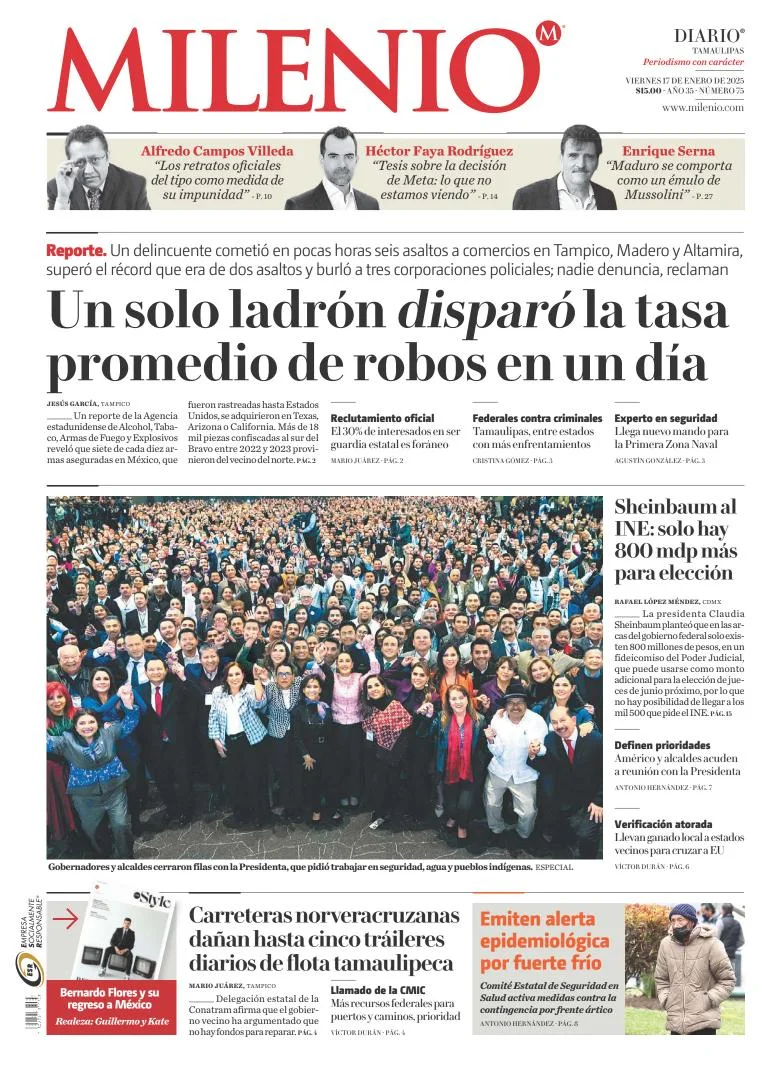Portada de Milenio Tamaulipas del viernes, 17 de enero de 2025