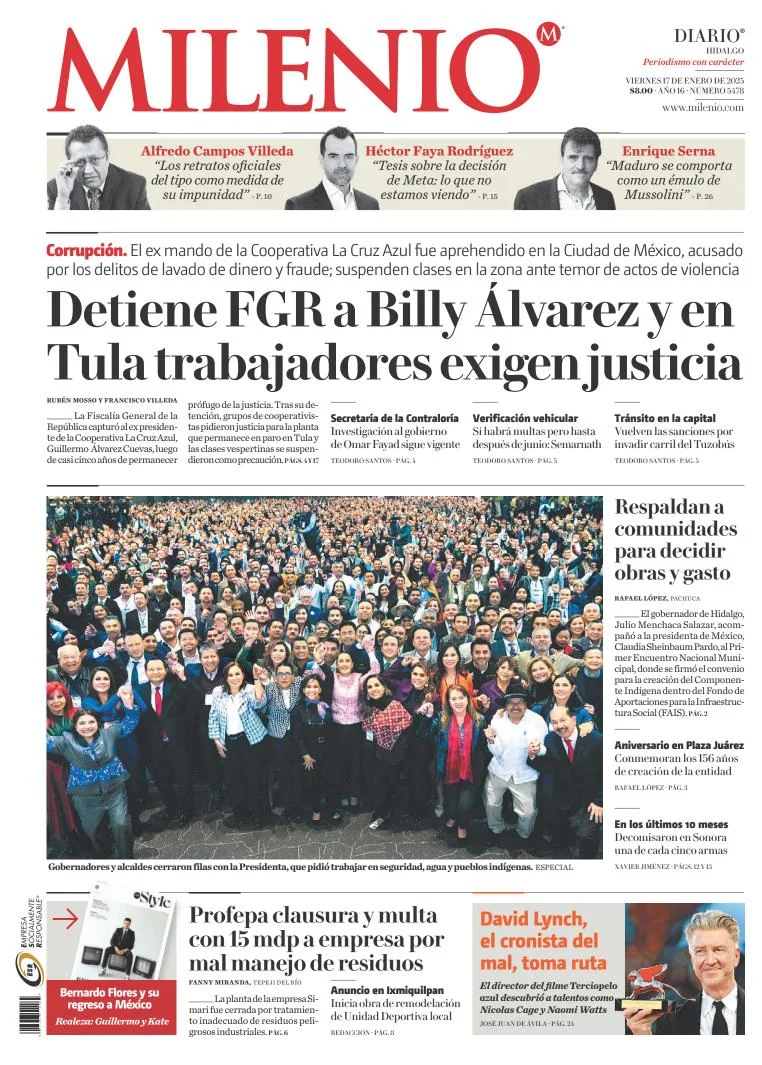 Portada de Milenio Hidalgo del viernes, 17 de enero de 2025