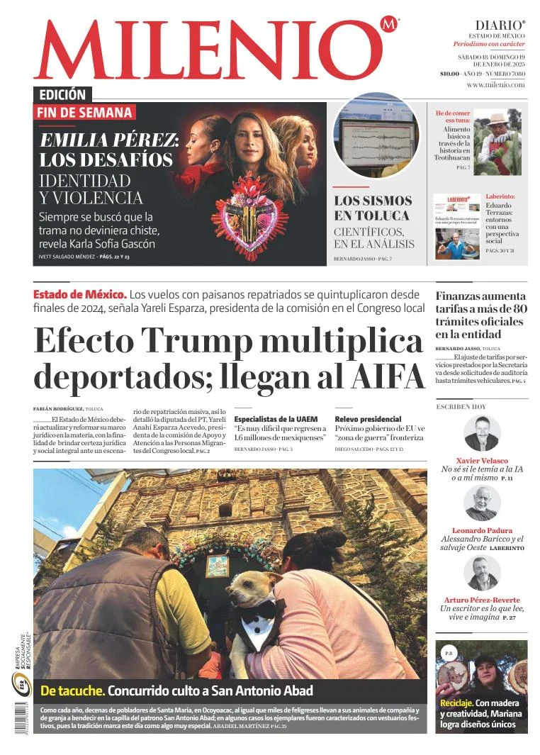 Portada de Milenio Edo de México del sábado, 18 de enero de 2025