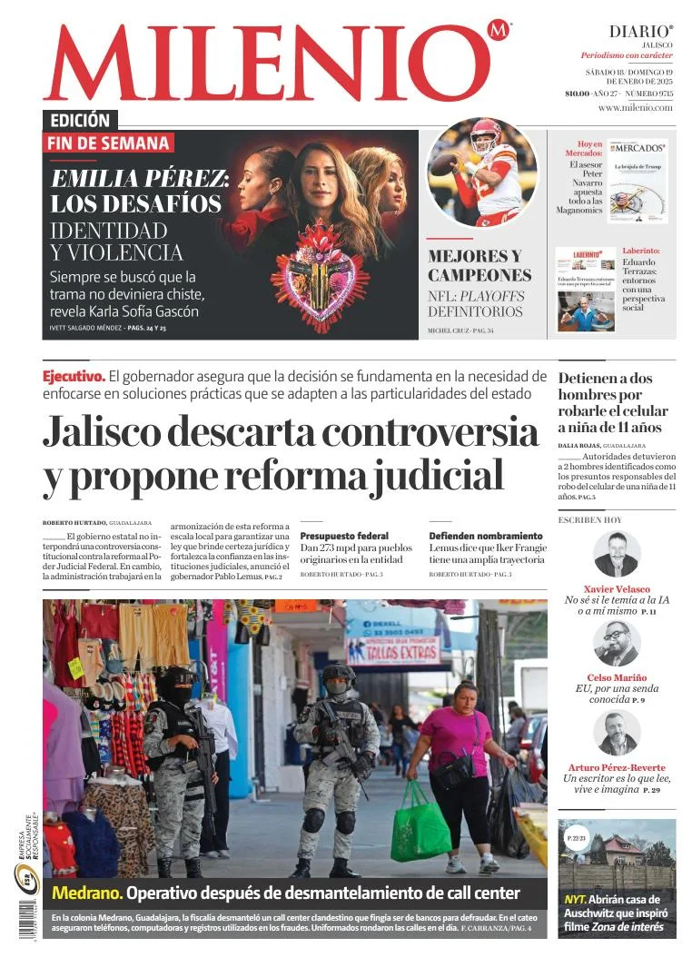 Portada de Milenio Jalisco del sábado, 18 de enero de 2025