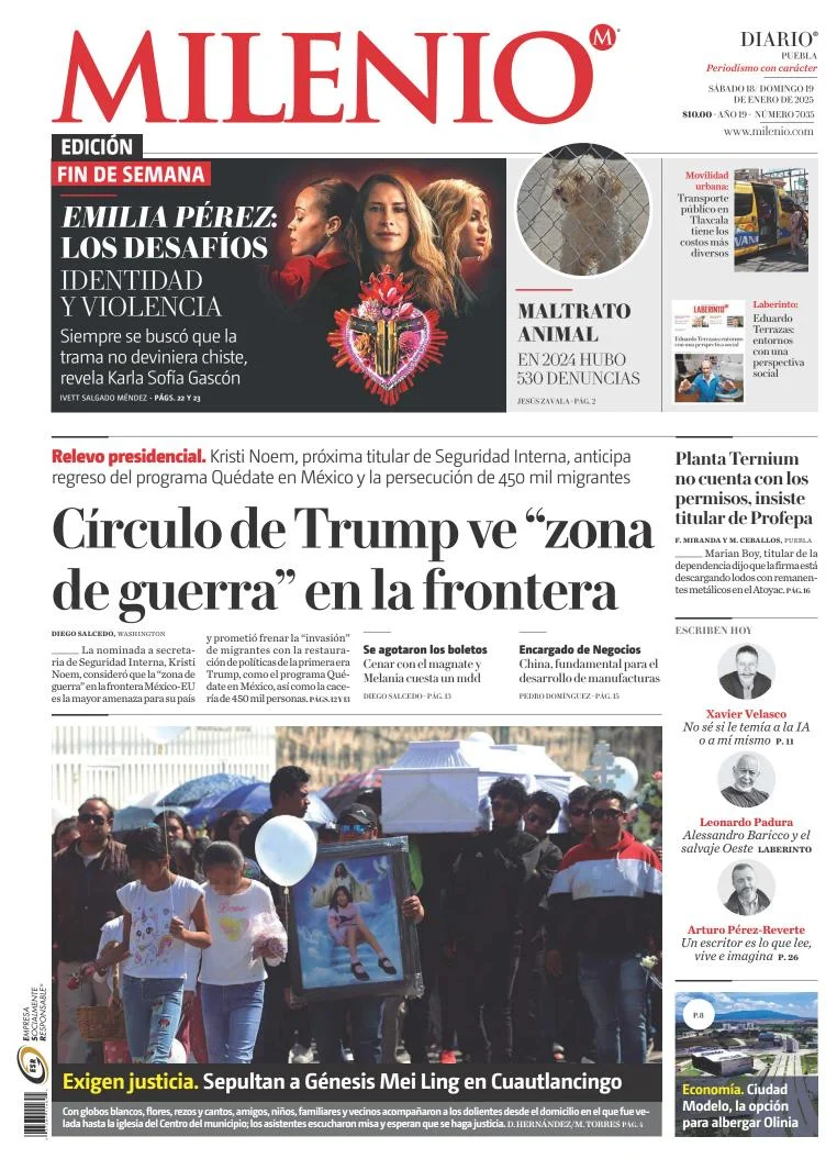 Portada de Milenio Puebla del sábado, 18 de enero de 2025