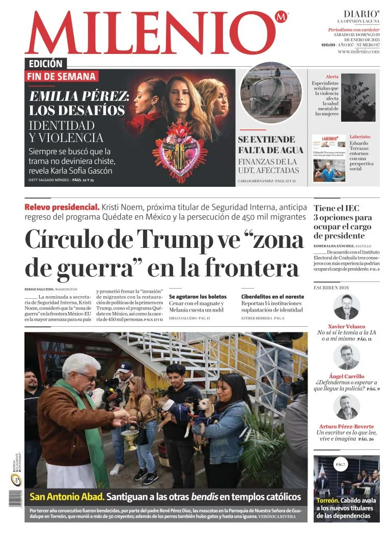 Portada de Milenio Laguna del sábado, 18 de enero de 2025