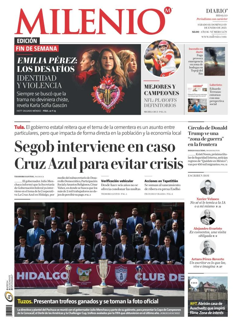 Portada de Milenio Hidalgo del sábado, 18 de enero de 2025