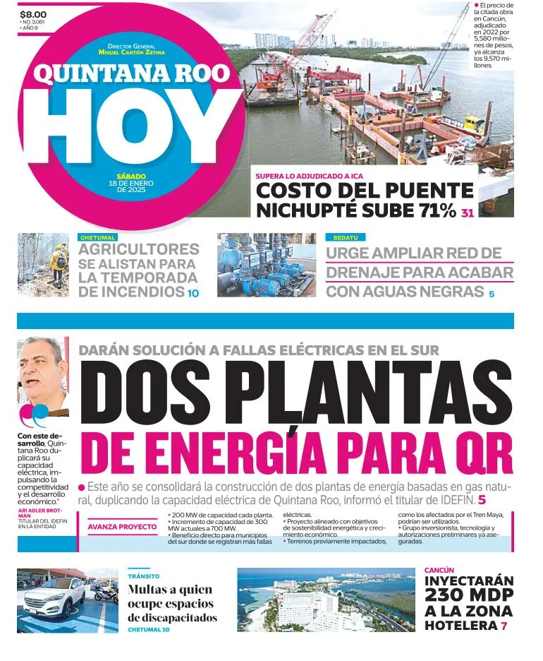 Portada de Quintana Roo Hoy del sábado, 18 de enero de 2025