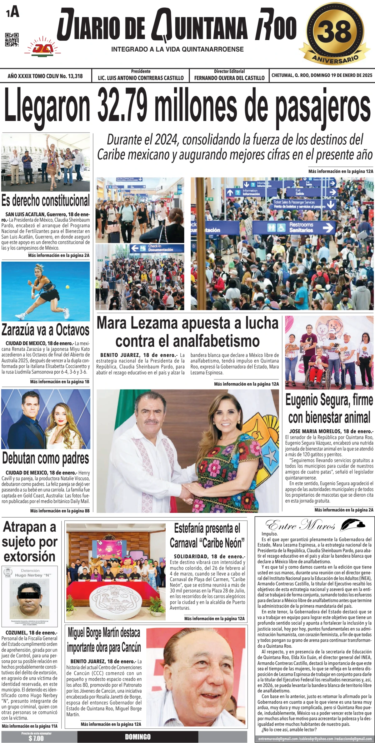Portada de Diario de Quintana Roo (portada) del domingo, 19 de enero de 2025