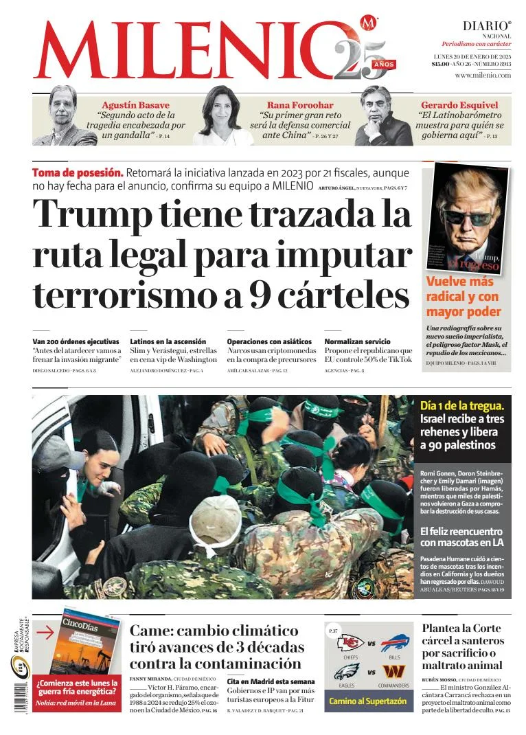Portada de Milenio del lunes, 20 de enero de 2025