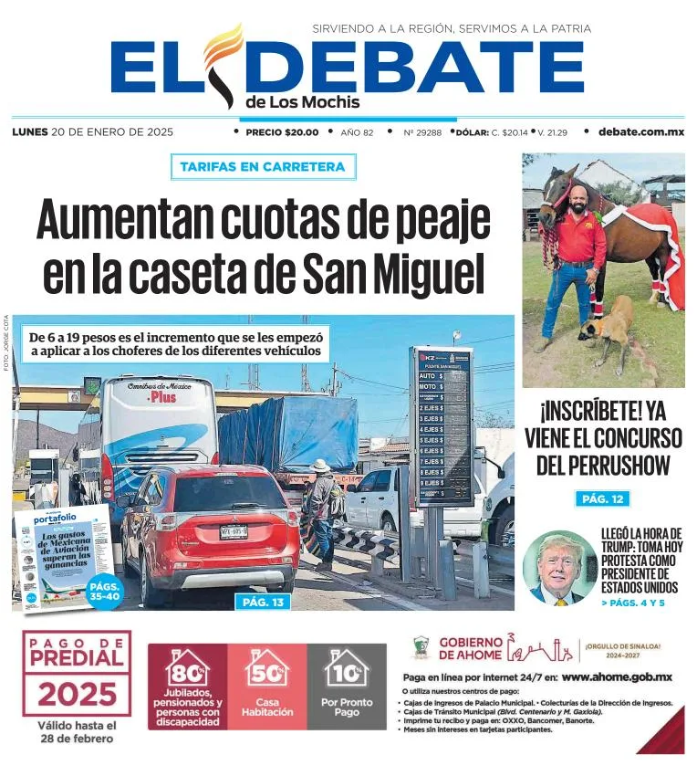 Portada de El Debate de los Mochis del lunes, 20 de enero de 2025