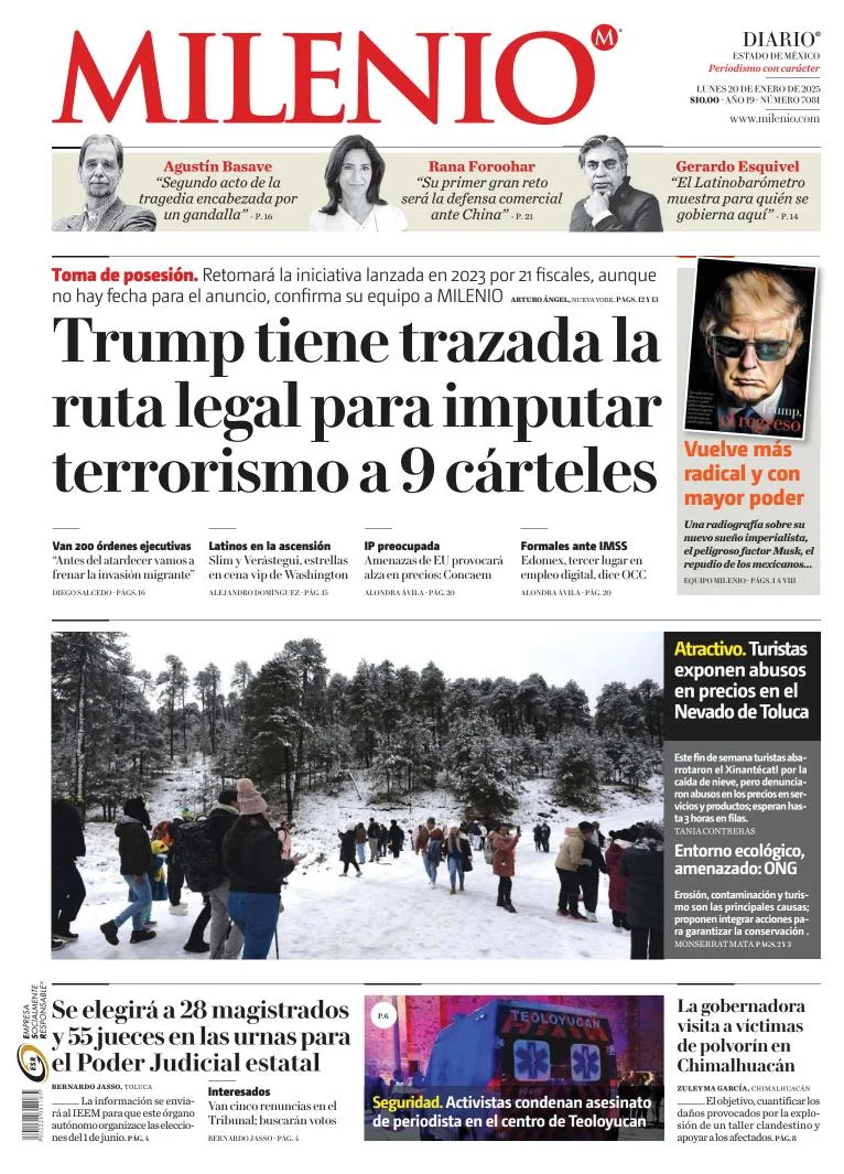 Portada de Milenio Edo de México del lunes, 20 de enero de 2025