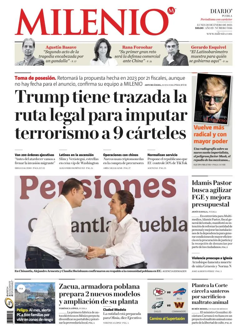 Portada de Milenio Puebla del lunes, 20 de enero de 2025