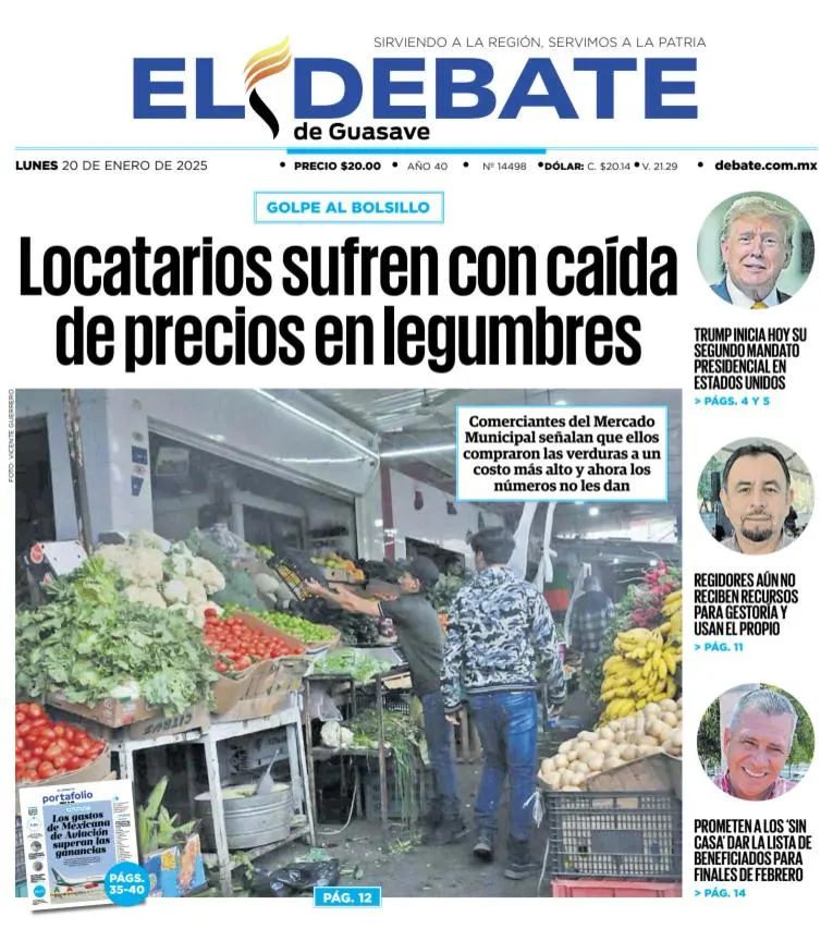Portada de El Debate de Guasave del lunes, 20 de enero de 2025