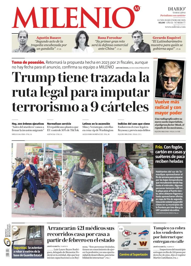 Portada de Milenio Tamaulipas del lunes, 20 de enero de 2025